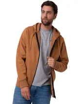 Buzo con capucha y cierre frontal completo, confeccionado en tejido fleece color marrón. Presenta bolsillos tipo canguro, puños y cintura acanalados, y capucha forrada en jersey.