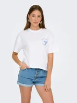 Remera blanca de manga corta con cuello redondo y estampado azul en la espalda con la leyenda "Ventura Palms Sandwich Shop" y el dibujo de un sándwich.