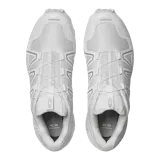 Championes de trail running Salomon Speedcross 3, color blanco marfil con detalles en rosa claro y negro, sistema de cordones Quicklace, suela Contagrip y amortiguación ligera.