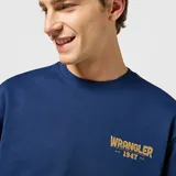 Buzo azul marino de algodón con cuello redondo, puños y cintura acanalados. Estampado pequeño con el logo de Wrangler en color ocre en el pecho.