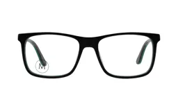 Armazón para lentes de acetato negro, de forma rectangular.