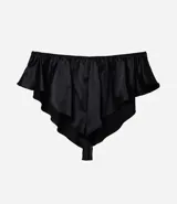 Short de pijama marca Lov, confeccionado en satén negro, con cintura elástica y detalle de volados en el ruedo.