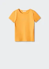 Camiseta de algodón color naranja con cuello redondo, manga corta y logo de la marca estampado en el pecho.