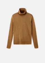 Jersey de cuello vuelto color tostado, confeccionado en punto fino con mezcla de lana y acrílico, diseño recto y manga larga.