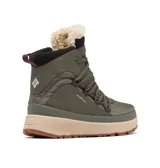 Bota de invierno Columbia modelo Red Hills, color verde oliva con detalles en beige y negro. Presenta una construcción impermeable con parte superior textil y refuerzos de cuero, forro interno con tecnología termorreflectante y cuello de piel sintética. Incluye sistema de cordones, entresuela amortiguada y suela de caucho con tracción.