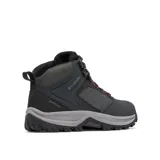 Bota de senderismo Columbia modelo Transverse Hike, color negro con detalles en gris y toques de rojo. Presenta construcción impermeable y transpirable Omni-Tech, entresuela TechLite para amortiguación y suela Omni-Grip para tracción todoterreno.