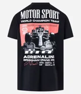 Remera negra de algodón con estampado de un auto de carreras y texto "Motor Sport World Champion Team Adrenaline Birmingham Grand Prix".