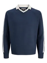 Sweater de punto con cuello en V y cuello tipo polo en contraste. Presenta mangas largas con franjas laterales blancas y puños acanalados, en un corte relajado.