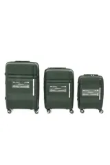 Set de tres valijas rígidas de polipropileno en color verde oscuro, con diseño texturizado, ruedas multidireccionales 360°, fuelle extensor de capacidad y candado incorporado.