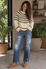 Sweater de lana merino con estampado Fair Isle en tonos azul marino, beige, naranja, verde oliva y bordó. Tiene cuello redondo y mangas largas.