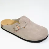 Zuecos grises de cuero gamuzado con plantilla ergonómica de corcho-látex y suela de EVA.