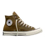 Championes Converse Chuck 70 Hi, color marrón con detalles en blanco y negro, suela de goma vulcanizada y el clásico parche con la estrella en el lateral.