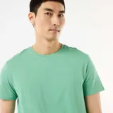 Remera de manga corta y corte recto, color verde menta, con cuello redondo clásico.