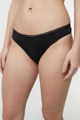 Bombacha tipo bikini de microfibra gloss color negro, con puntilla en el contorno de la cintura y fundillo de algodón.