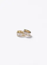 Aros tipo huggies mini y anchos, de plata 925 con baño de oro 18k y apliques de zirconia cúbica transparente en pavé.