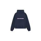 Hoodie oversize de color azul marino, con capucha, bolsillo frontal tipo canguro y estampado gráfico de la marca en el pecho.