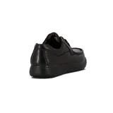 Zapato acordonado de cuero color marrón oscuro, con suela plana y costuras decorativas.