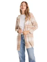 Cardigan de tejido de punto con estampado a cuadros, diseño con capucha, bolsillos frontales y lazo de ajuste en la cintura.