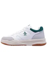 Championes urbanos Original Penguin modelo Rexo, de color blanco con detalles en gris claro, verde oscuro y suela de goma color caramelo. Presenta el logo del pingüino bordado en el lateral.