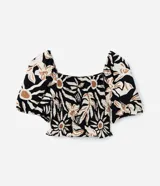 Blusa de crepé con estampado floral en tonos beige y negro, escote recto y mangas cortas abullonadas con puños elásticos.