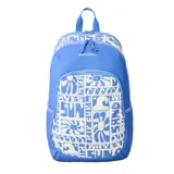 Mochila Rip Curl modelo Ozone 2.0 de 30 litros de capacidad, color azul con paneles estampados en tonos blancos y azules con motivos de olas y soles. Cuenta con múltiples compartimentos y cierre de cremallera.