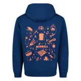 Buzo con capucha y bolsillo frontal tipo canguro, color azul marino con logo de la marca estampado en color naranja en el pecho.