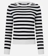 Suéter de punto con cuello redondo y rayas horizontales rojas y blancas.