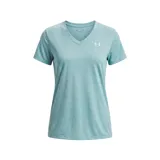Remera deportiva Under Armour de cuello en V, manga corta y corte entallado. Presenta un diseño jaspeado en color verde menta con el logo de la marca estampado en el pecho.