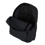 Mochila negra de estilo clásico con compartimento principal amplio, bolsillo frontal con cierre y bolsillos laterales. Incluye división interna para notebook.