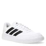 Championes urbanos Adidas modelo Courtblock, color blanco con las icónicas tres tiras laterales en negro. Presentan un diseño de corte bajo con cierre de cordones, puntera perforada para mayor ventilación y suela de goma resistente.
