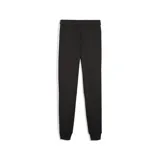 Pantalón deportivo Puma modelo ESS T7, color negro con franjas laterales blancas y logo de la marca bordado en el muslo. Presenta puños elásticos en los tobillos y bolsillos laterales.