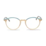 Lentes de lectura con armazón redondo de acetato, combinando un tono beige traslúcido en la parte inferior con un borde superior en color celeste.