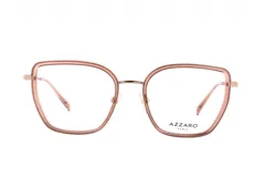 Armazón para lentes de receta Azzaro, de forma irregular con un lado recto y otro redondeado, color rosa con detalles dorados.