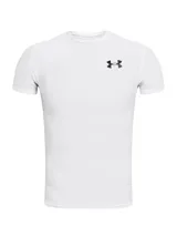 Remera deportiva de compresión Under Armour, manga corta, color blanco con logo de la marca en negro en el pecho. Confeccionada en tejido elástico de secado rápido con costuras planas ergonómicas.