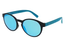Lentes de sol INVU con montura redonda negra y patillas turquesas. Lentes polarizadas celestes.