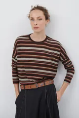 Remera de manga larga con diseño de rayas horizontales en tonos marrones, beige y rojizos. Presenta cuello redondo y un detalle bordado en el pecho.