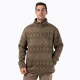 Campera polar con cierre frontal completo, confeccionada en tejido exterior tipo punto con estampado geométrico. Cuenta con cuello alto, bolsillos laterales y un bolsillo frontal con cierre en el pecho, además de un parche con el logo de la marca.