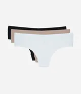 Kit de tres bombachas tipo bikini confeccionadas en microfibra suave, con diseño básico y liso. Cuentan con forro interior de algodón para mayor comodidad.