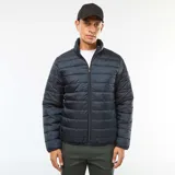 Campera puffer azul marino con cierre frontal y cuello alto.