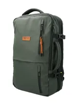 Mochila multifuncional RKF color verde militar, fabricada en poliéster reciclado repelente al agua. Cuenta con tres compartimentos principales con cierre, compartimento interno para laptop de 15 pulgadas, múltiples bolsillos frontales con cierre, mango lateral para uso como maletín, correas ajustables y panel trasero acolchado.