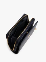 Billetera pequeña de poliuretano color azul marino con acabado granulado. Presenta un compartimento principal con cierre de cremallera y una sección de solapa con botón de presión para tarjetas. Lleva un dije metálico con el monograma TH en el frente.