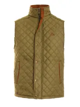 Chaleco negro capitoneado con cuello alto y cierre frontal con botones a presión.