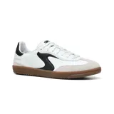 Championes Skechers Hotshot Kickoff, color blanco con detalles en negro y suela marrón. Capellada de cuero sintético con superposiciones de gamuza, logo "S" en contraste y plantilla Skechers Air-Cooled Memory Foam.