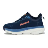 Championes de running Austral, color azul con detalles en naranja y suela blanca.