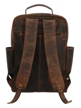 Mochila de cuero marrón con acabado envejecido, compartimento principal con cierre, múltiples bolsillos frontales con cierre, asa superior y bolsillos laterales.