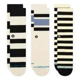 Pack de tres pares de medias Stance Fred Crew de caña media con diseño a rayas horizontales en diferentes combinaciones de colores: blanco y negro, blanco y celeste, y negro y blanco.