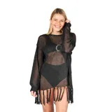Kimono de playa tejido a crochet calado, color negro, con mangas largas y flecos en el ruedo.