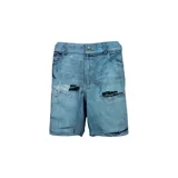 Short de jean celeste con roturas y parches negros.