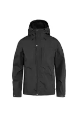 Campera de hombre color gris oscuro, con capucha ajustable, cierre frontal con botones a presión y múltiples bolsillos.