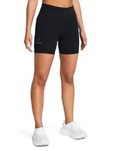 Short deportivo tipo calza de tiro alto, confeccionado en tejido HeatGear de secado rápido y alta elasticidad. Presenta diseño ajustado con bolsillos laterales, bajo sin dobladillo y detalles reflectantes para mayor visibilidad.